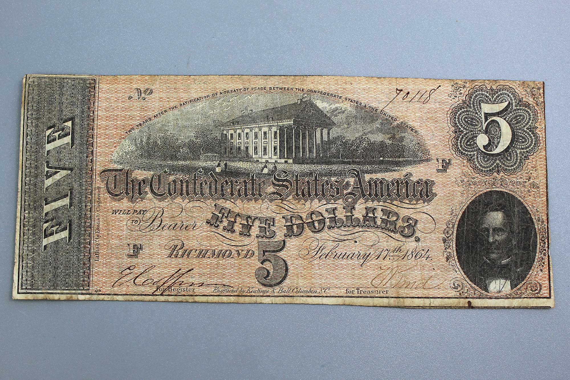 1864 Confederate States 5 dollar Note