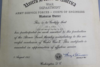 US Manhattan Project Atomic Bomb Certificate 1945 . FLU4892 - Image 2